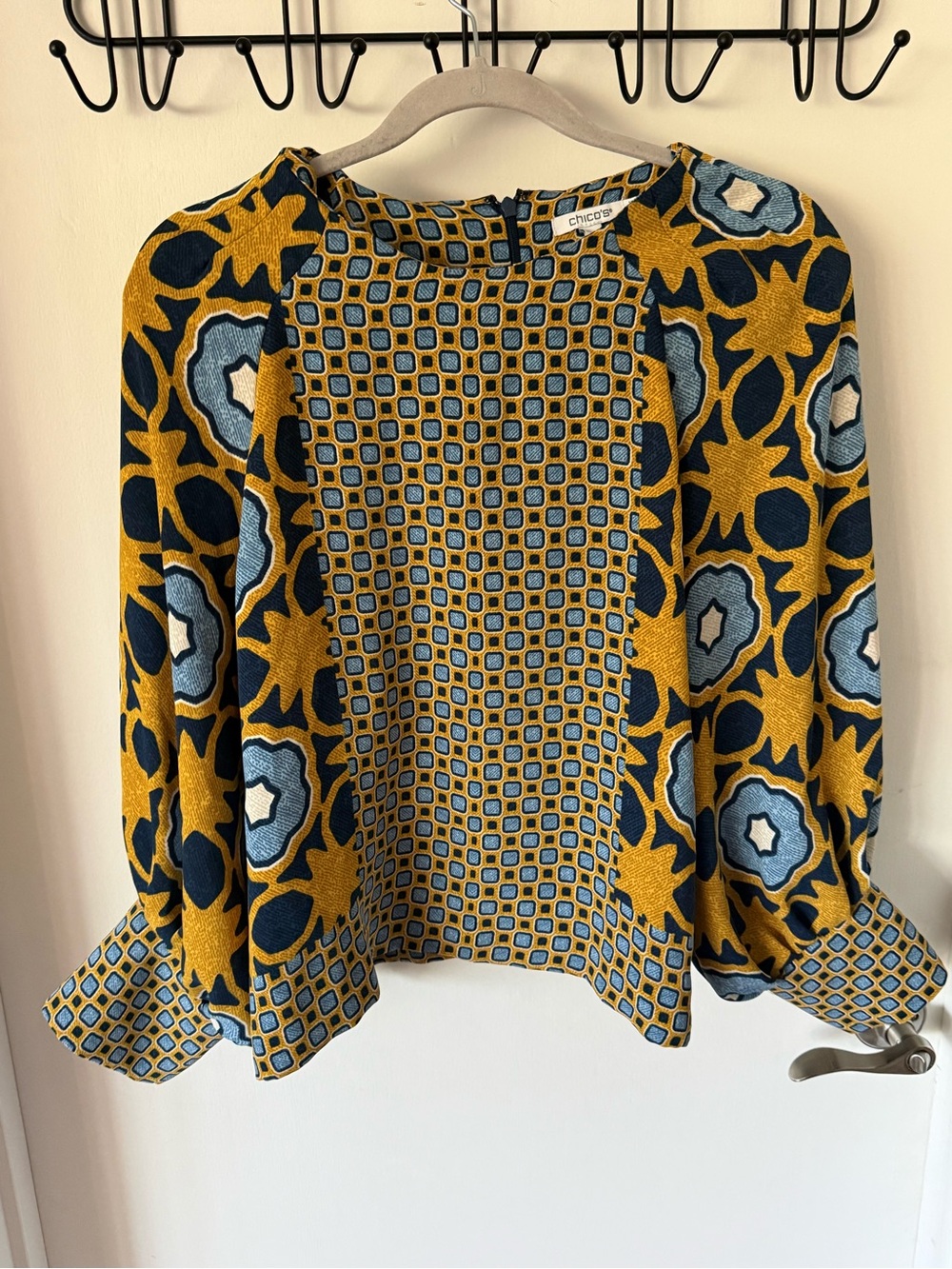 Chico's Mustard Yellow and Blue Printed Long-Sleeve Blouse